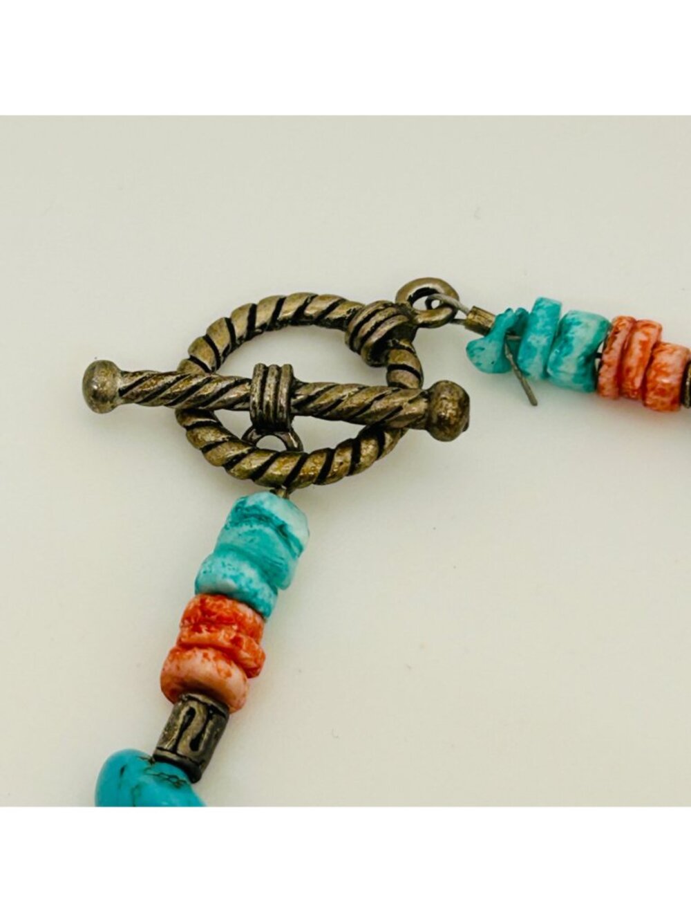 Southwestern Red Spiny Oyster & Turquoise Color Stone Shell Spike Toggle Vintage - Picture 3 of 12